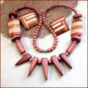 1980s Vintage Necklace w Earrings Rare Teak w Bamboo Mosaic Wood Beads